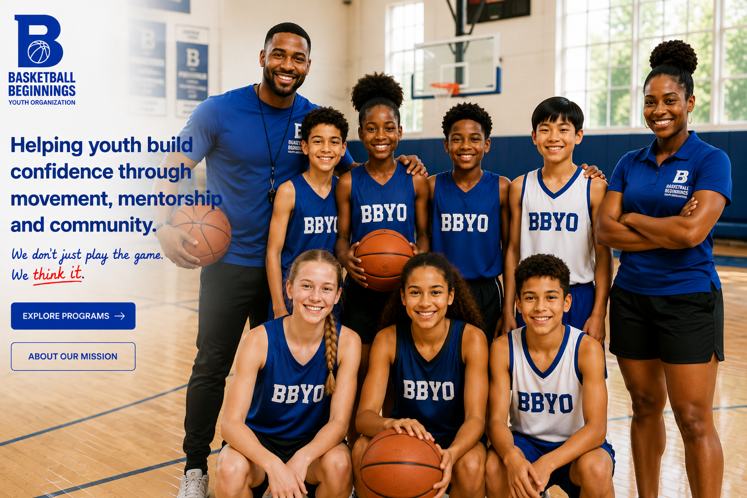 Basketball Beginnings youth and coaches in the gym